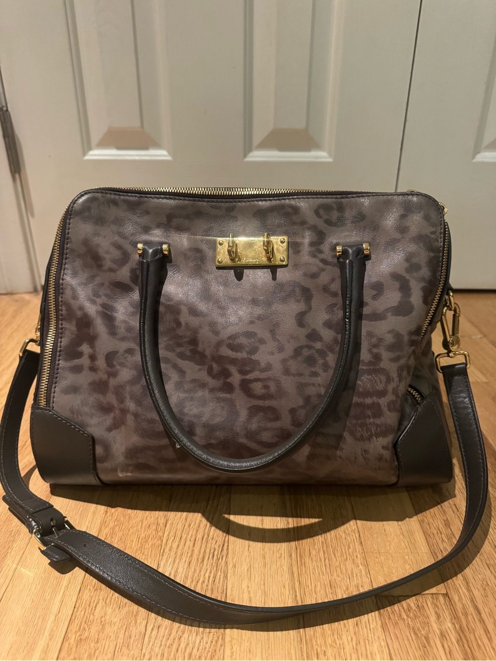 Furla Designer Gray Leopard Print Satchel Handbag with Gold Hardware